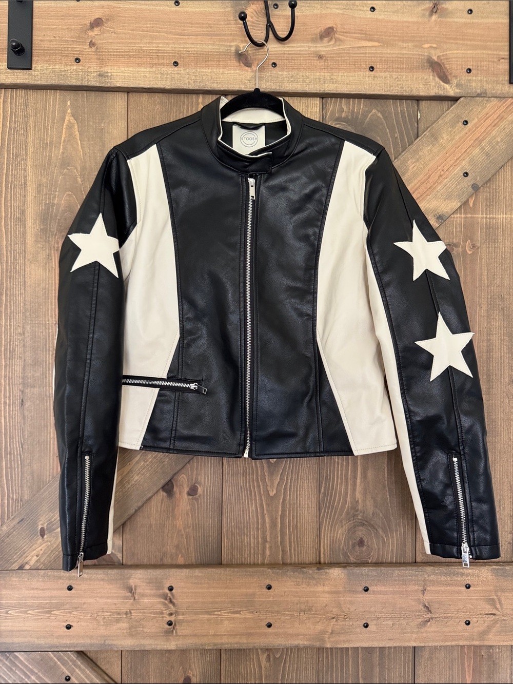 Stoosh Black & White Star Leather Moto Jacket - Women's Size Latge